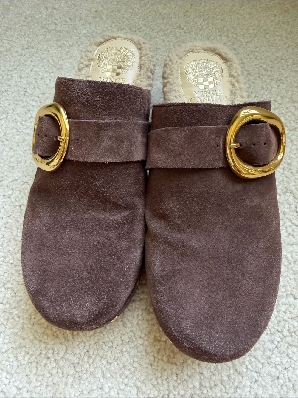 Vince Camuto Dark Brown Suede Shearling-Lined Slip-On Clogs with Gold Buckles